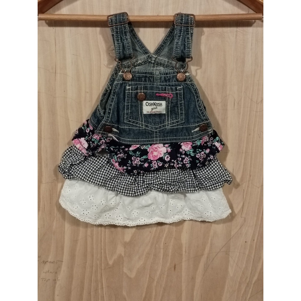 OshKosh Vintage Dress Overall Vestbak Floral Tiered Ruffle Blue Denim Girls 12M.
